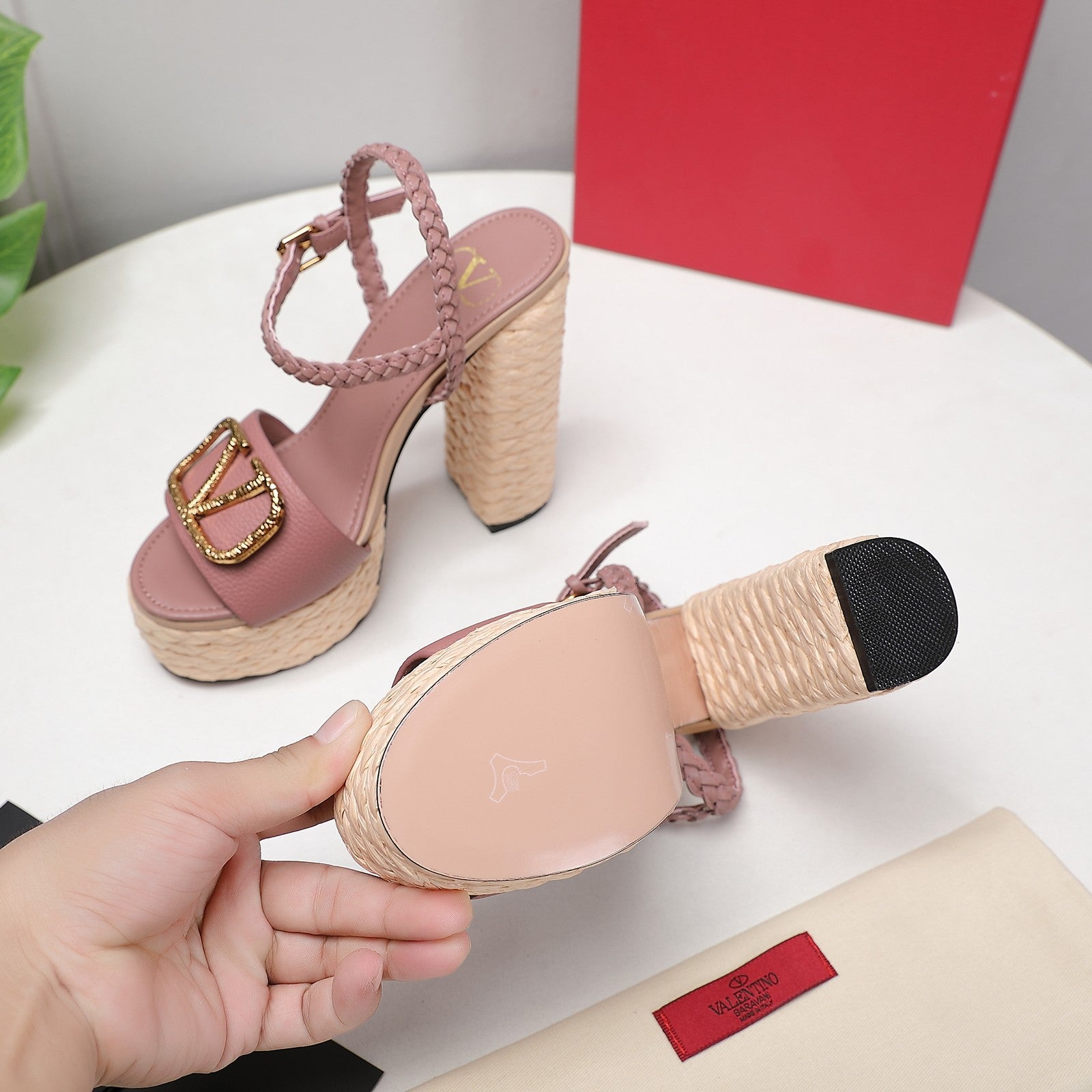 VLTN ESPADRILLE WEDGE SANDALS 25S 130 MM IN MUTED CLAY PINK LAMBSKIN WITH GOLD HARDWARE