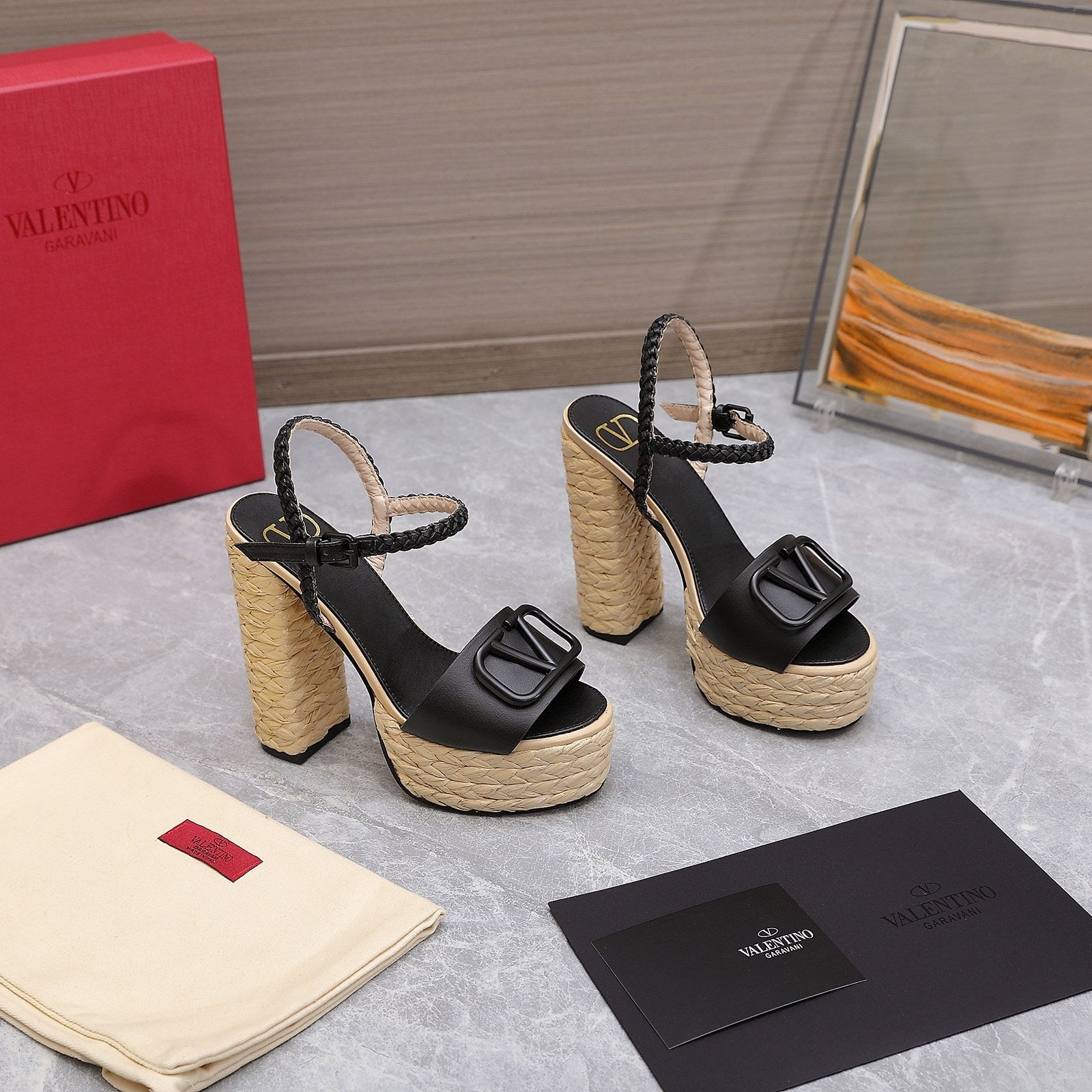 VLTN ESPADRILLE WEDGE SANDALS 25S 130 MM IN BLACK LAMBSKIN