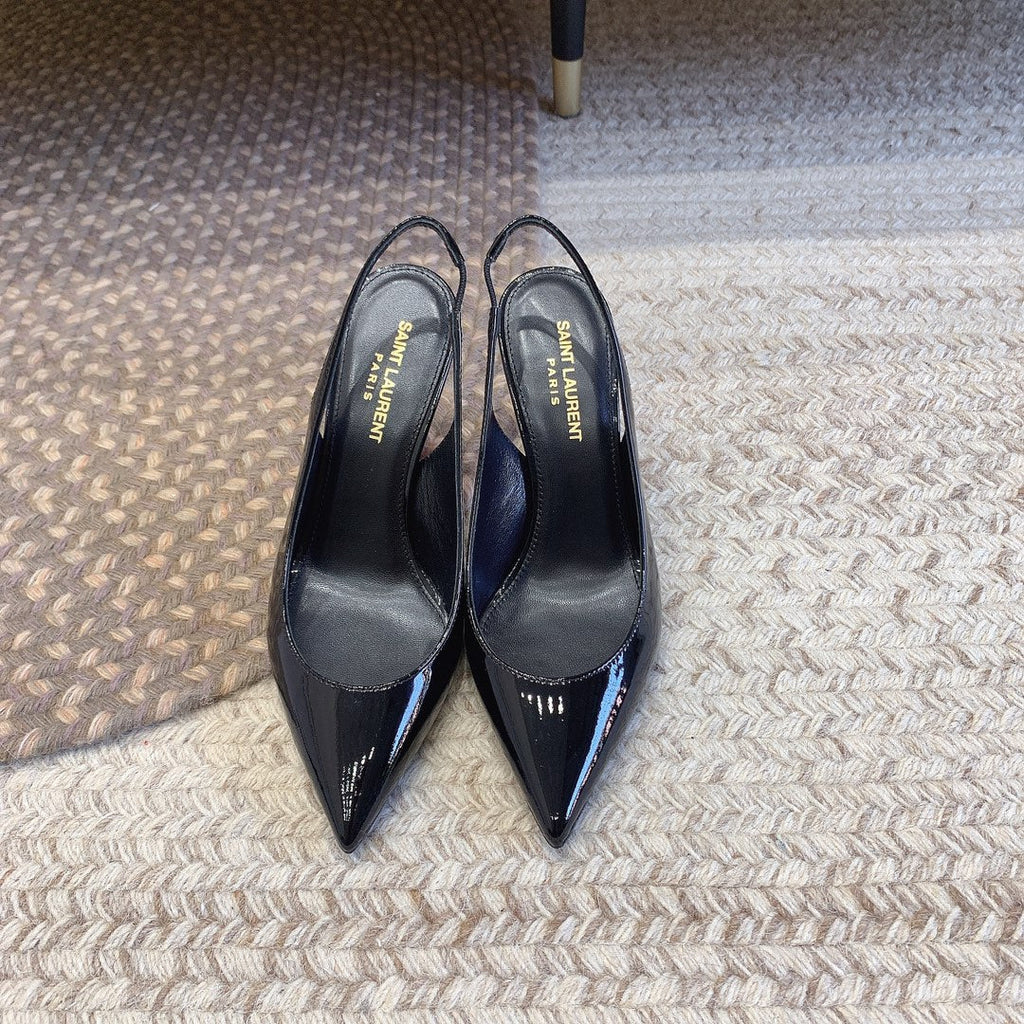 OPYUM RED HEEL SLINGBACK PUMPS IN BLACK GLOSSY CALFSKIN