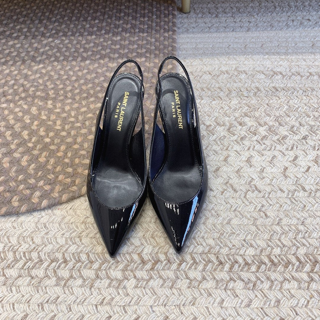 OPYUM GOLD HEEL SLINGBACK PUMPS IN BLACK GLOSSY CALFSKIN
