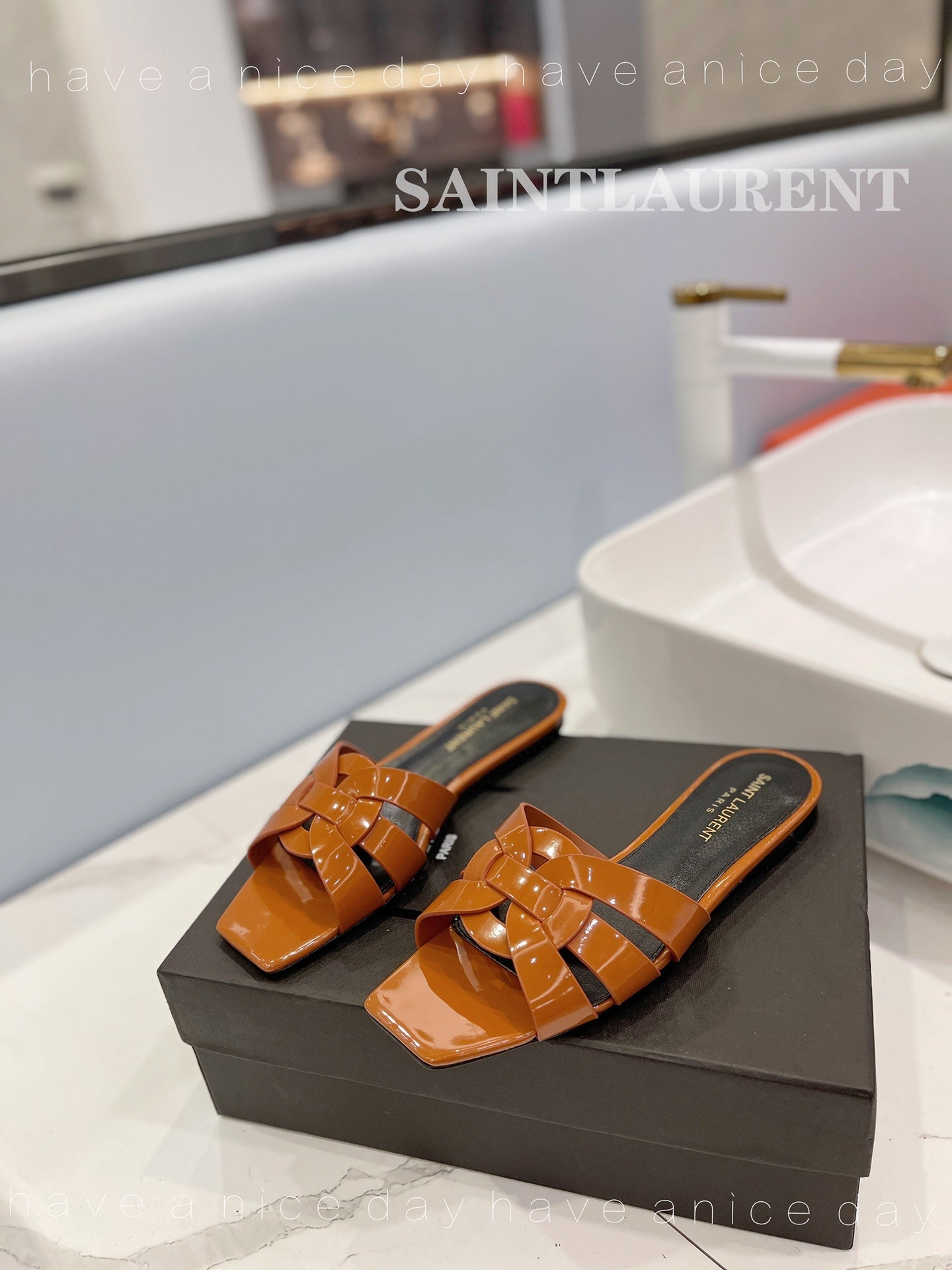 SL TRIBUTE SLIPPERS GLOSSY COPPER CALFSKIN