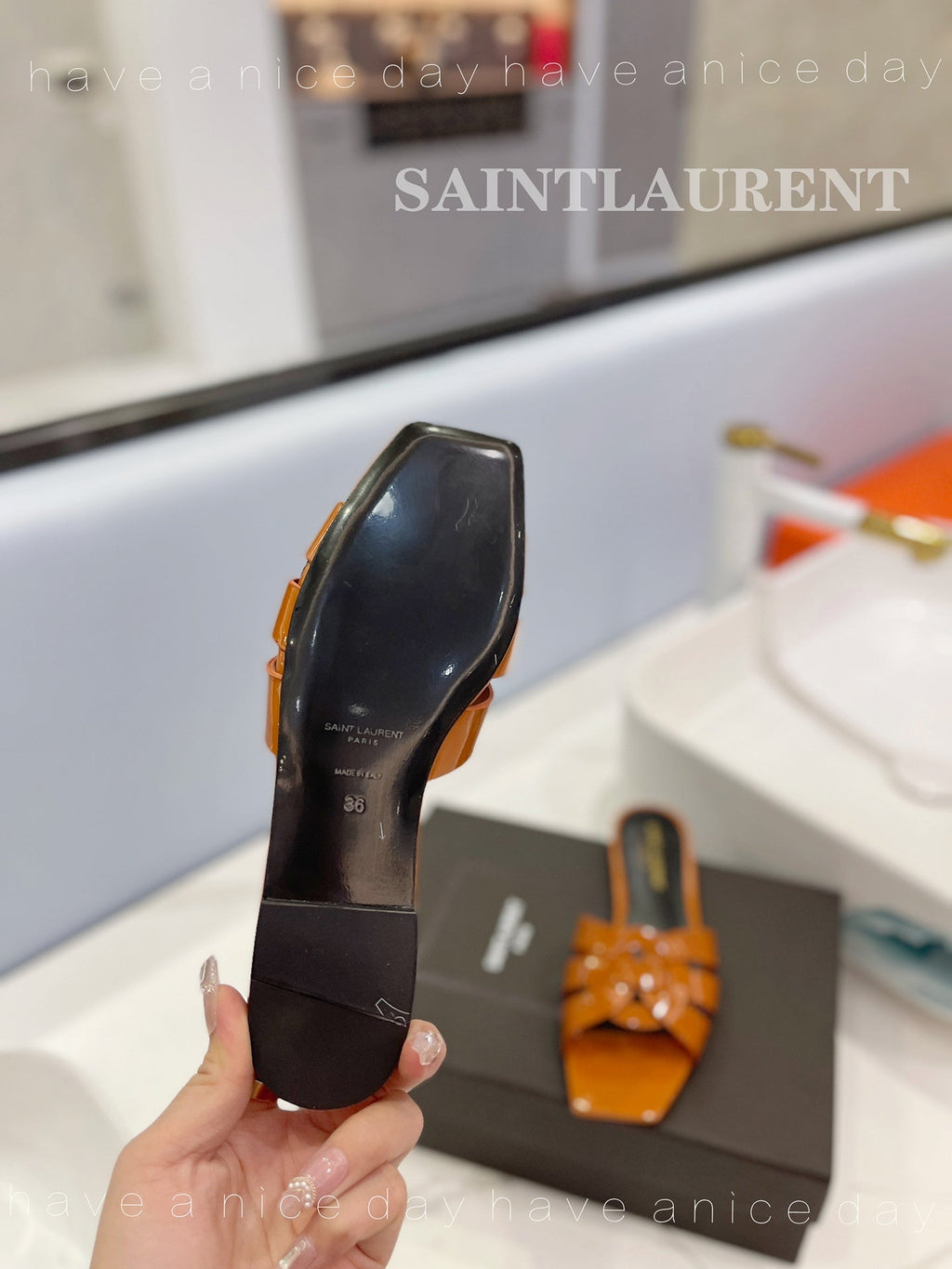 SL TRIBUTE SLIPPERS GLOSSY COPPER CALFSKIN