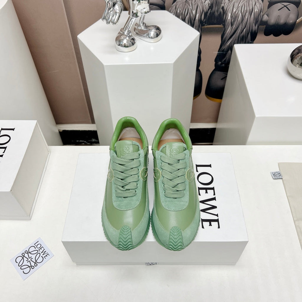 FLOW RUNNER SNEAKER IN BASIL GREEN SUEDE AND SHEEPSKIN