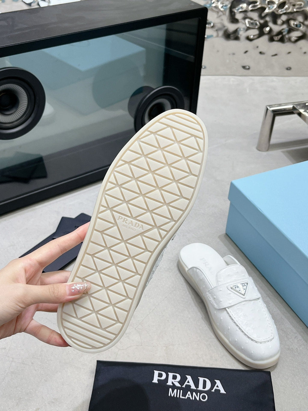 PRADA OSTRICH PATTERN MULES WHITE CALFSKIN