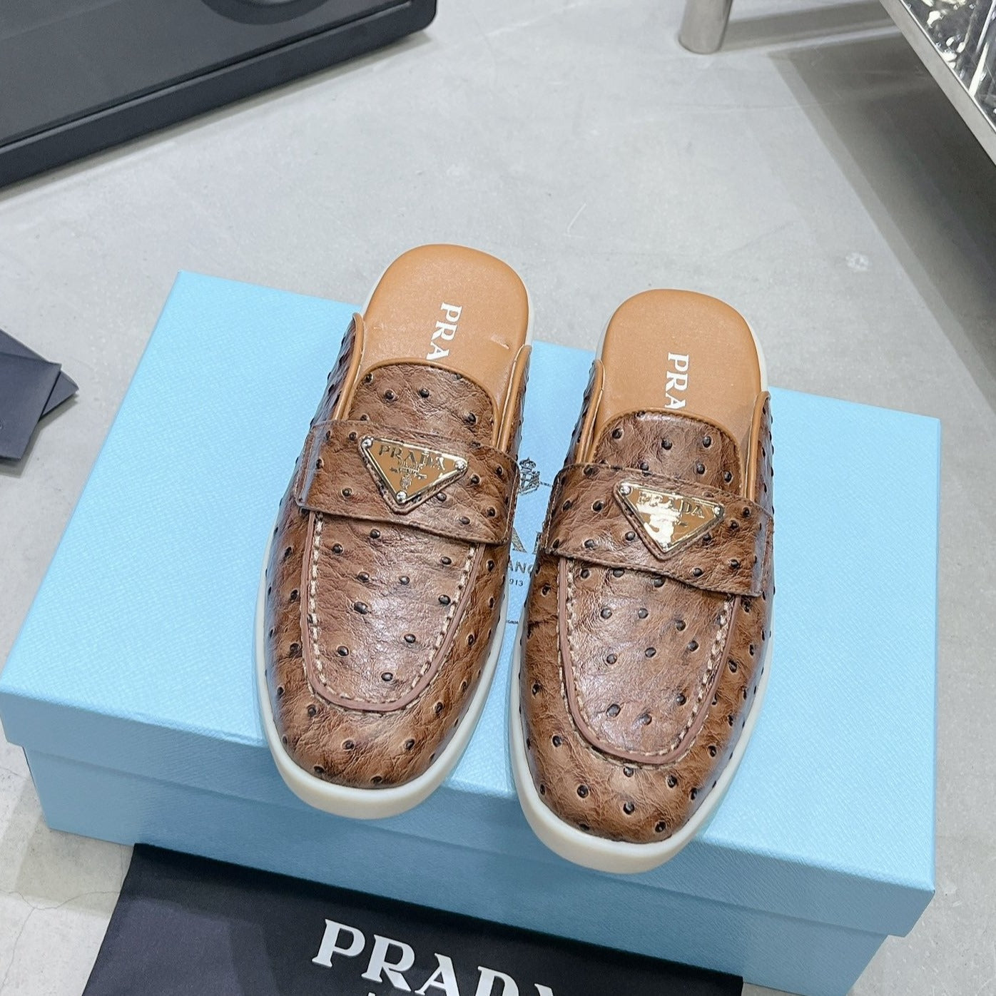 PRADA OSTRICH PATTERN MULES CARAMEL CALFSKIN