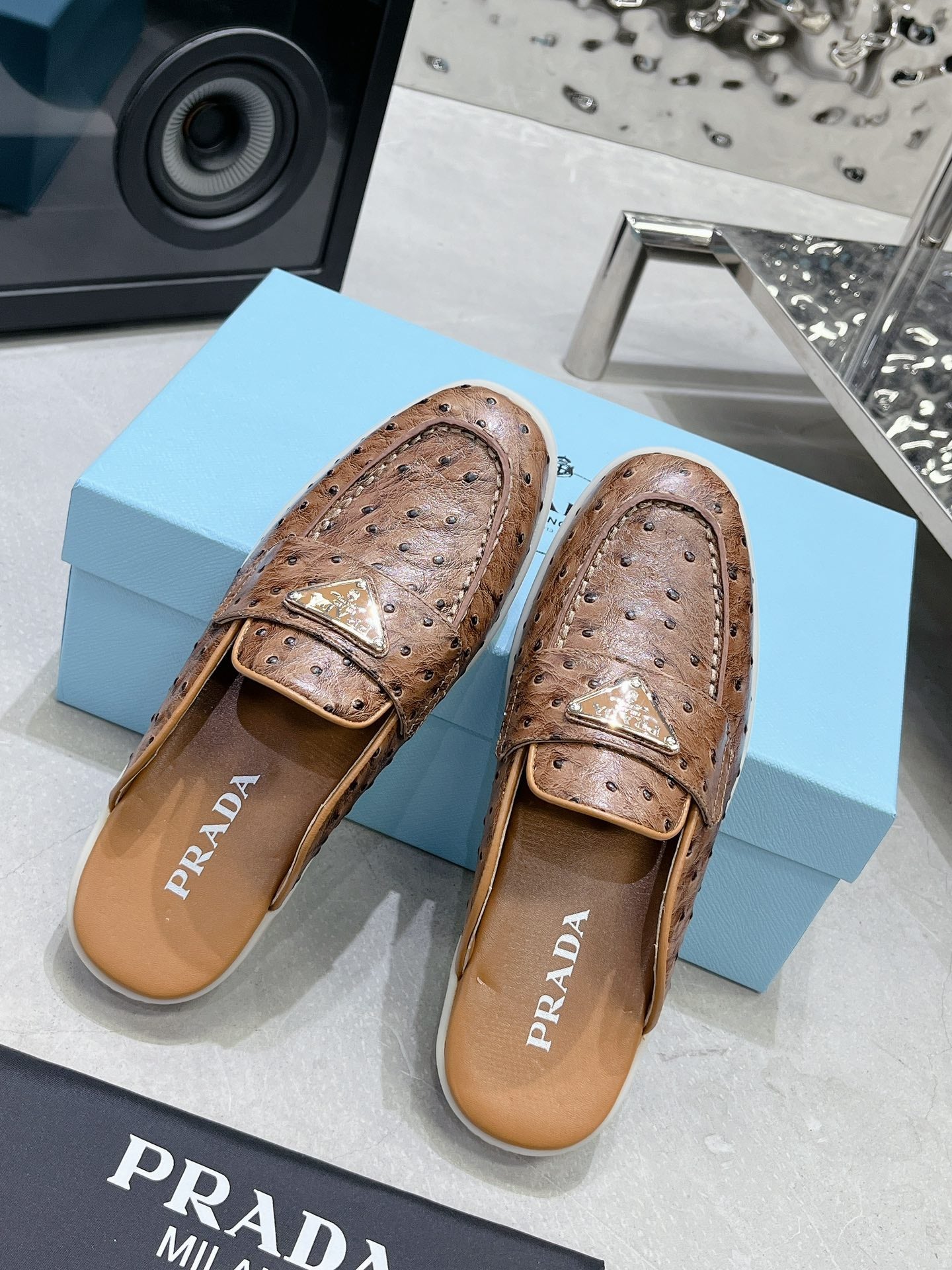 PRADA OSTRICH PATTERN MULES CARAMEL CALFSKIN