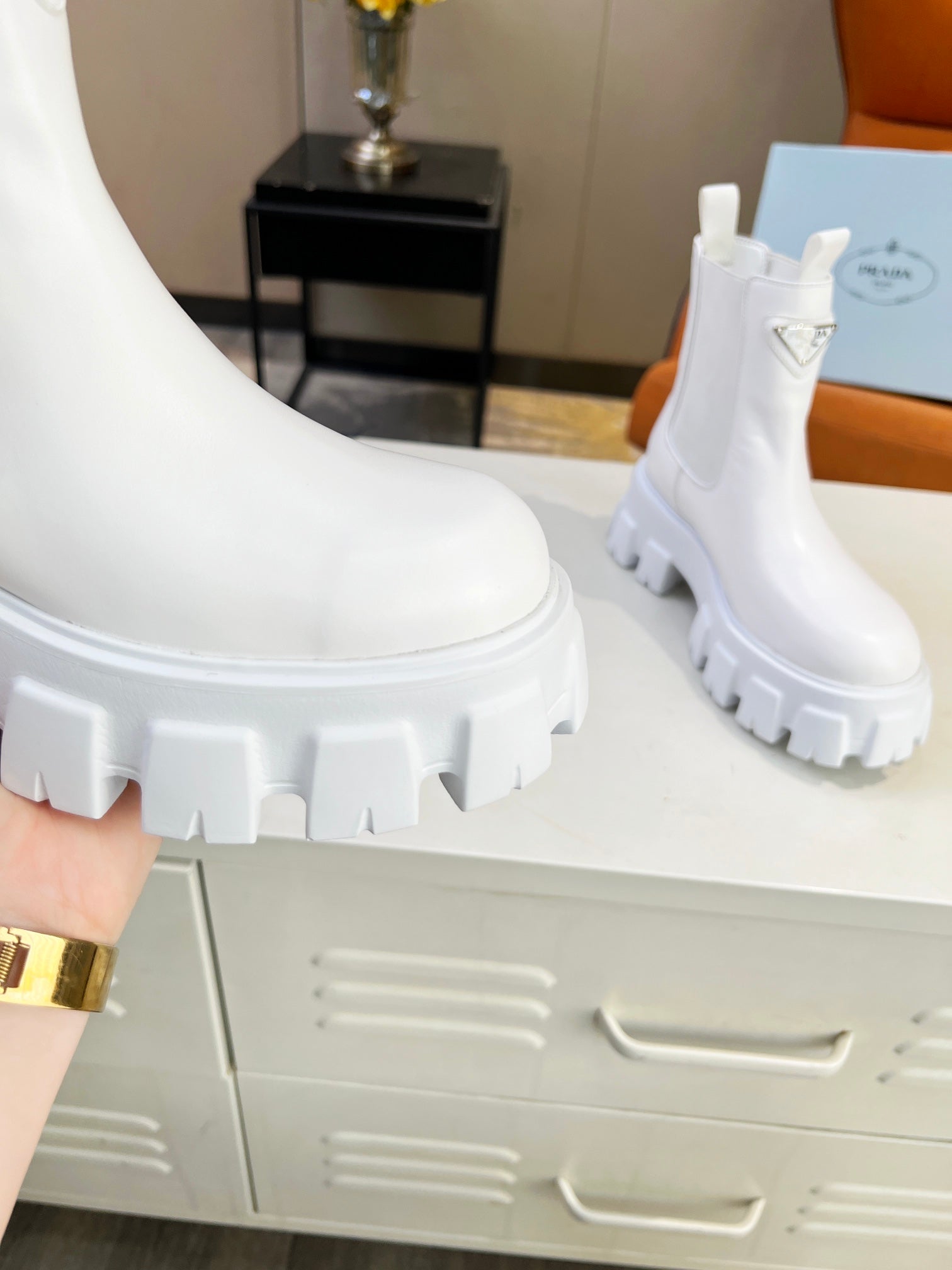 PRADA MONOLITH BRUSHED BOOTIES 55 WHITE CALFSKIN
