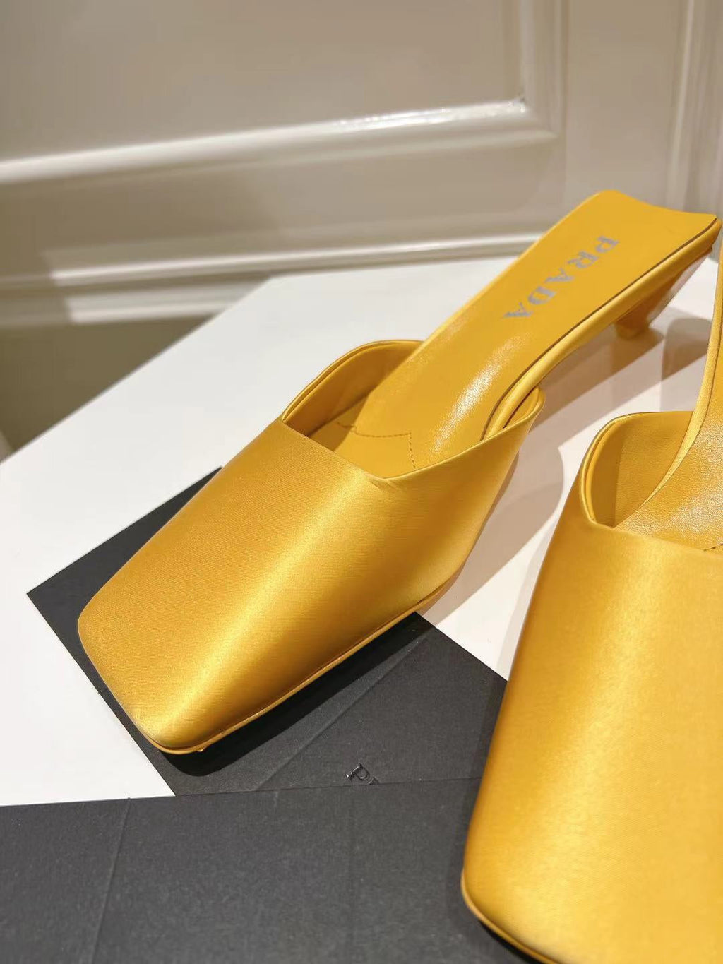 PRADA SQUARE TOE MULES YELLOW SATIN