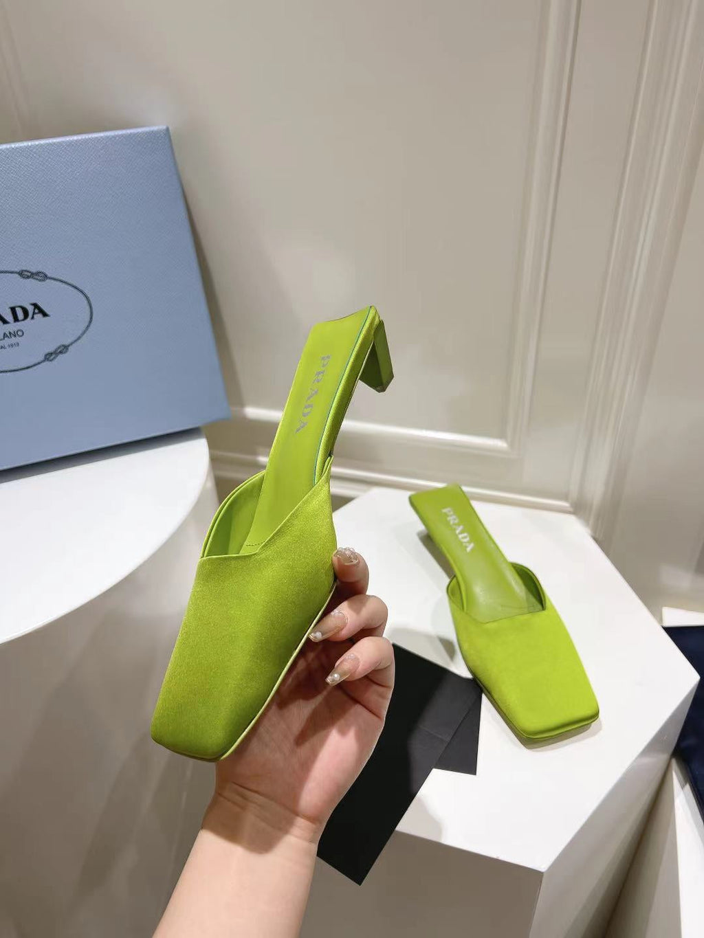 PRADA SQUARE TOE MULES PEAR SATIN