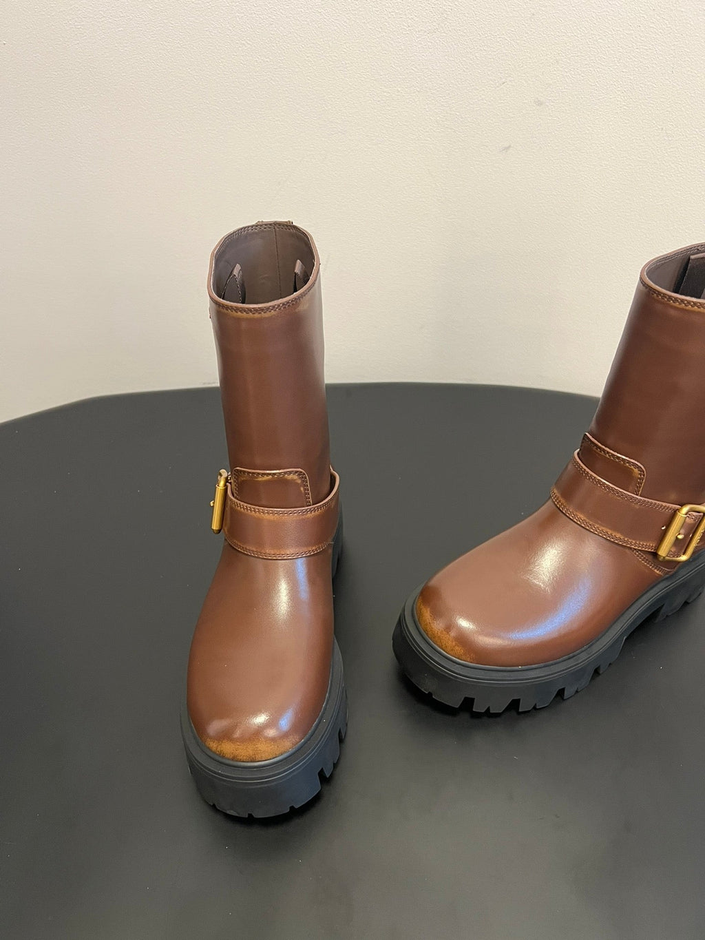 PRADA 25S PLATFORM ANKLE BOOTS IN BROWN CALFSKIN WITH GOLD HARDWARE