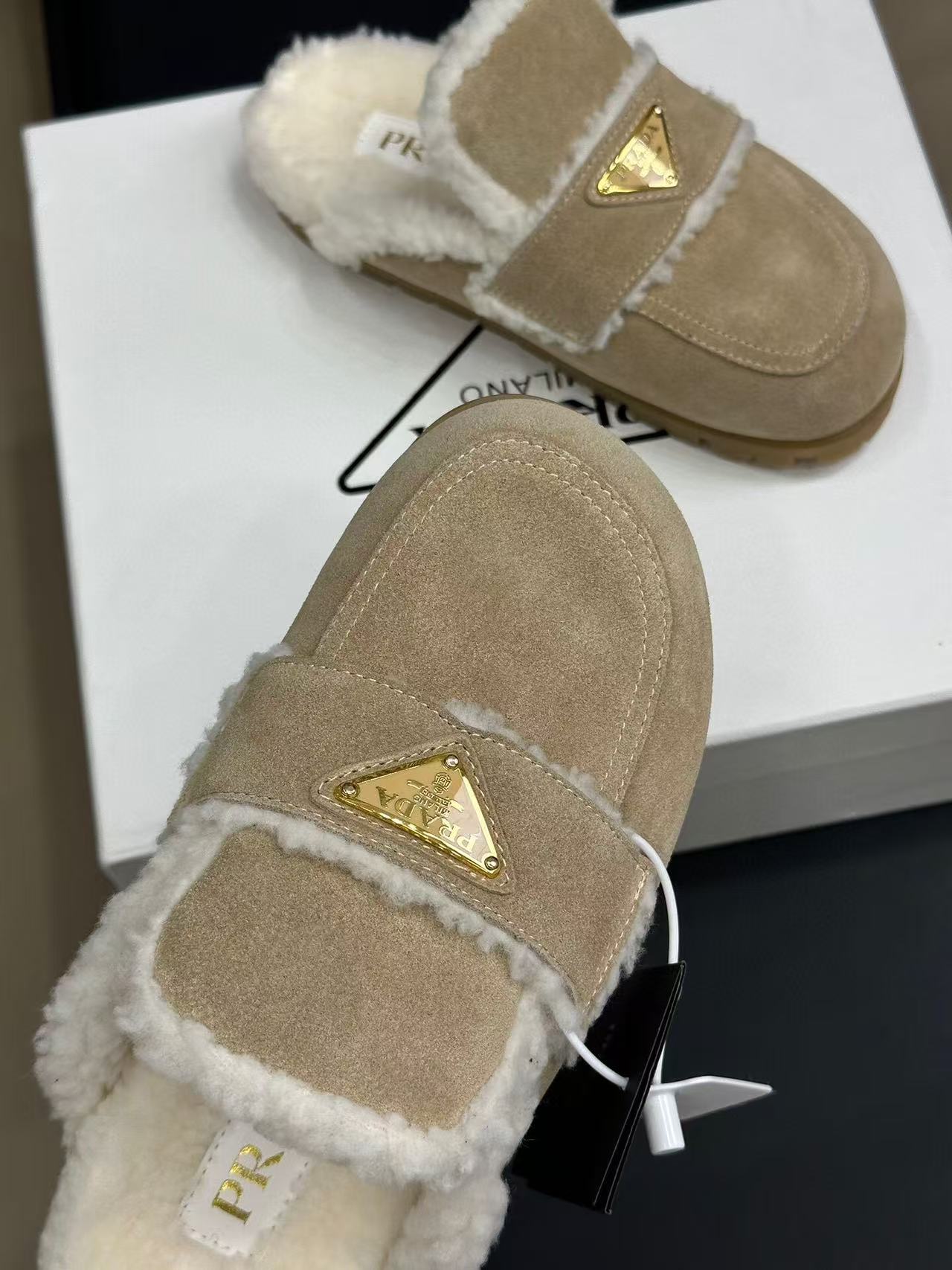 PRADA MULES SUEDE AND SHEARLING BEIGE