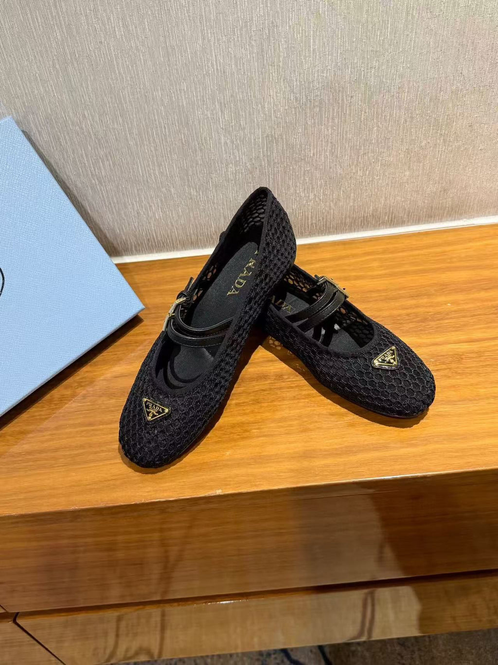 PRADA BALLERINAS BALLET FLATS IN BLACK MESH FABRIC