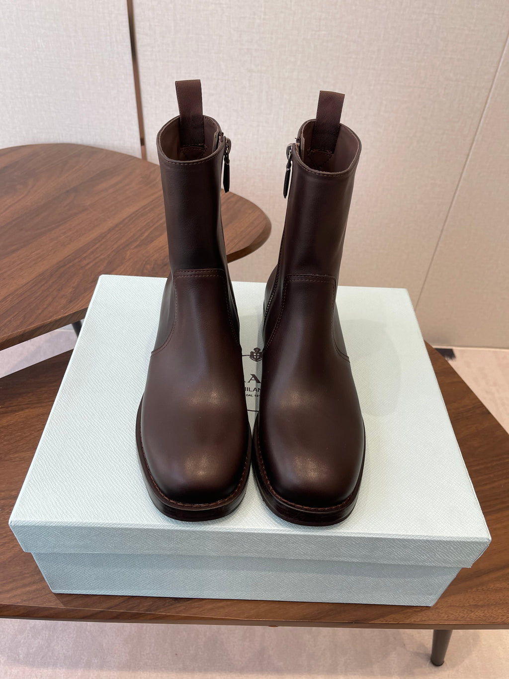 PRADA 25S COWBOY BOOTS IN RK BROWN CALFSKIN
