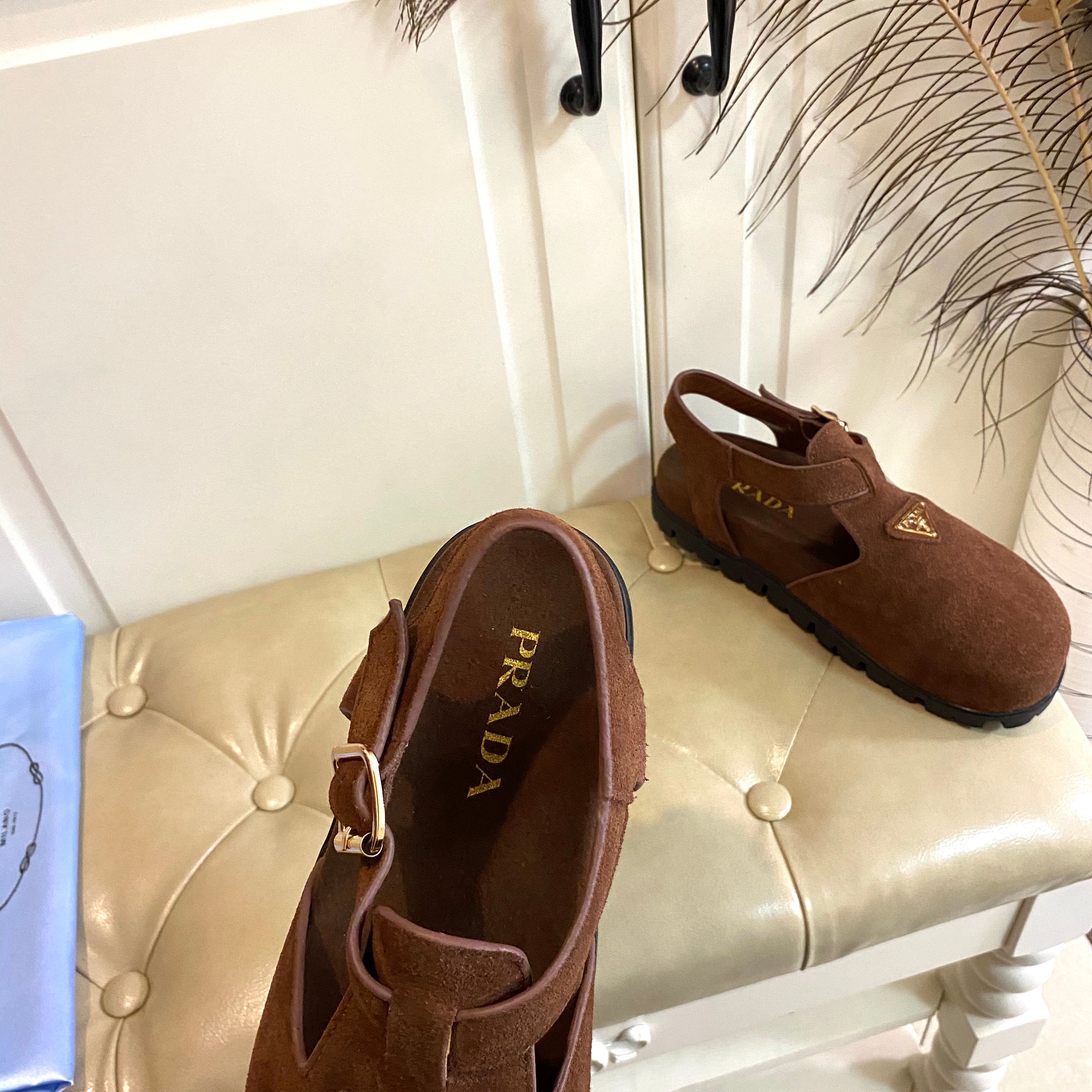 PRADA RUBBER SOLE SANLS IN COCOA BROWN SUEDE