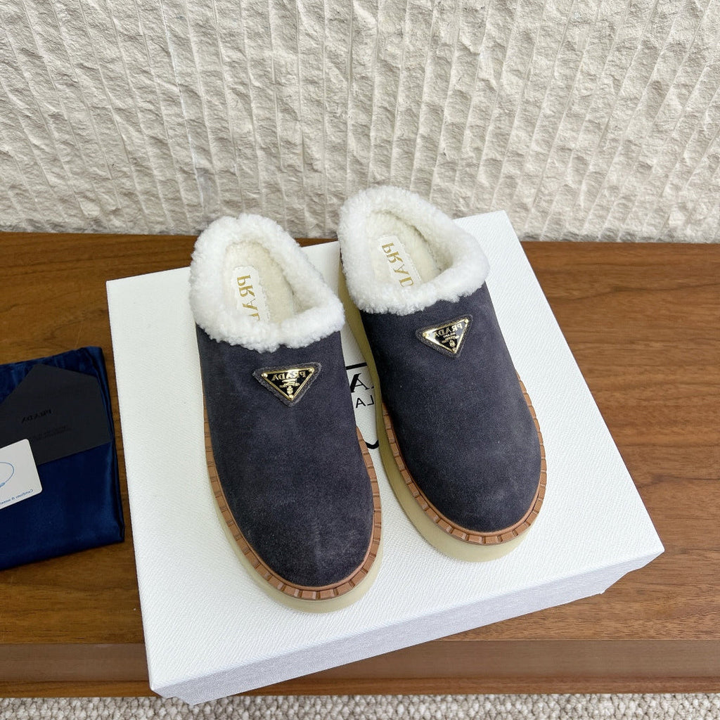 PRADA 25S PLATFORM FUR-LINED MULES IN RK GREY SUEDE