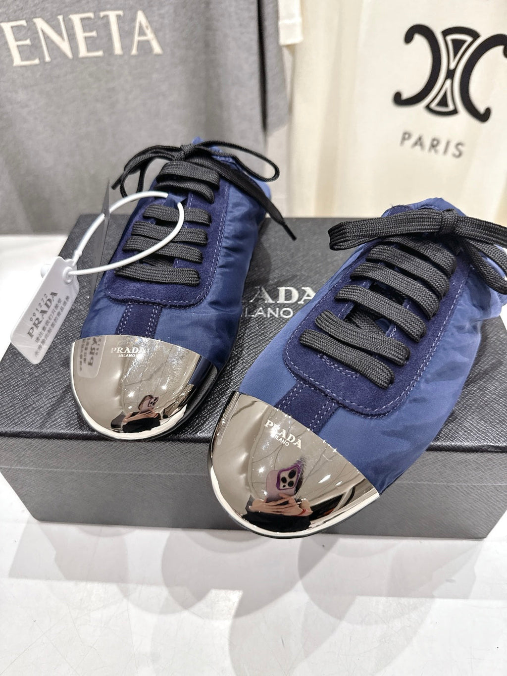 PRADA 25S MULES IN RK BLUE WITH METAL TOECAP