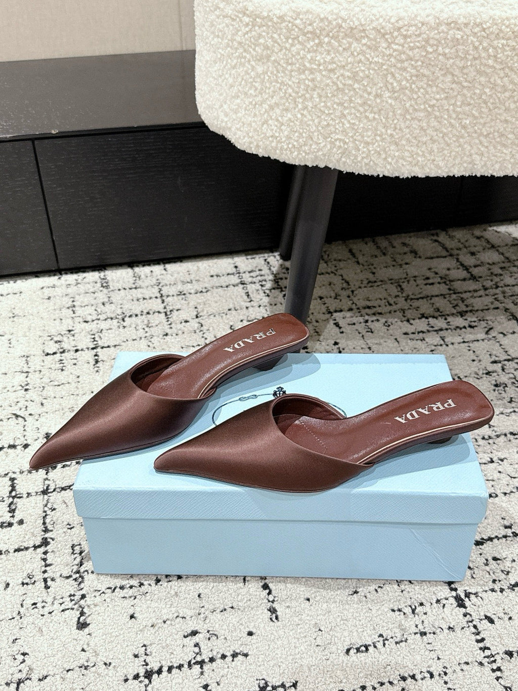 PRADA 25S POINTED-TOE MULES IN RK BROWN SATIN