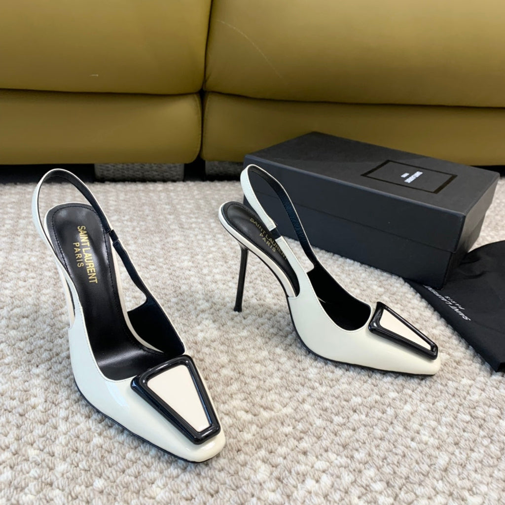 SL TRIANGLE HEELED SLINGBACKS WHITE CALFSKIN