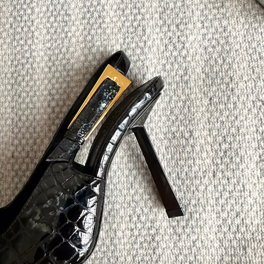 LEE SLINGBACK PUMPS 105 IN BLACK CROCODILE-EMBOSSED LEATHER