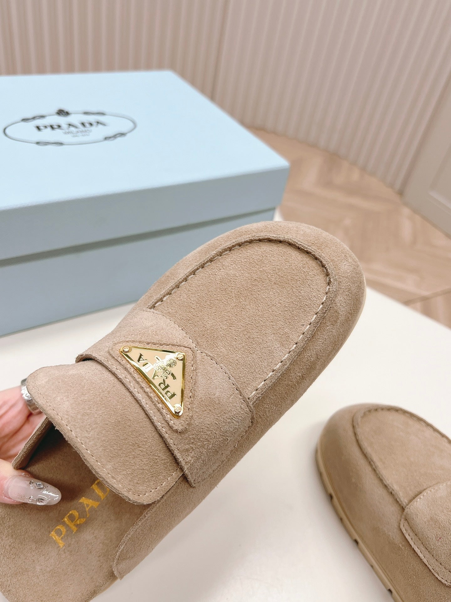 PRADA SABOTS MULES LIGHT BROWN SUEDE