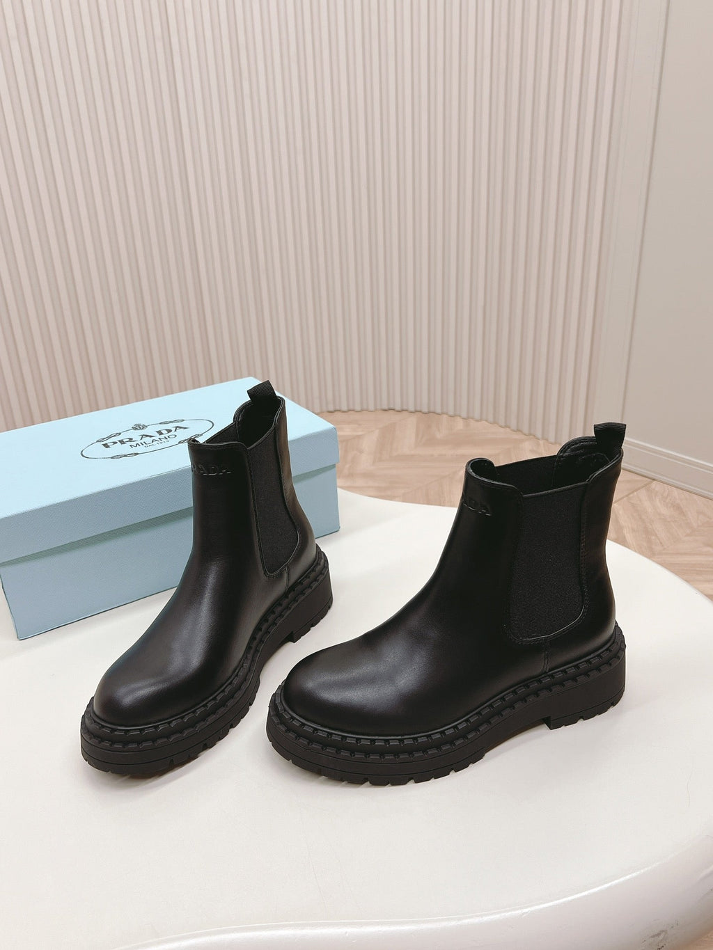 PRADA BRUSHED BOOTIES BLACK CALFSKIN