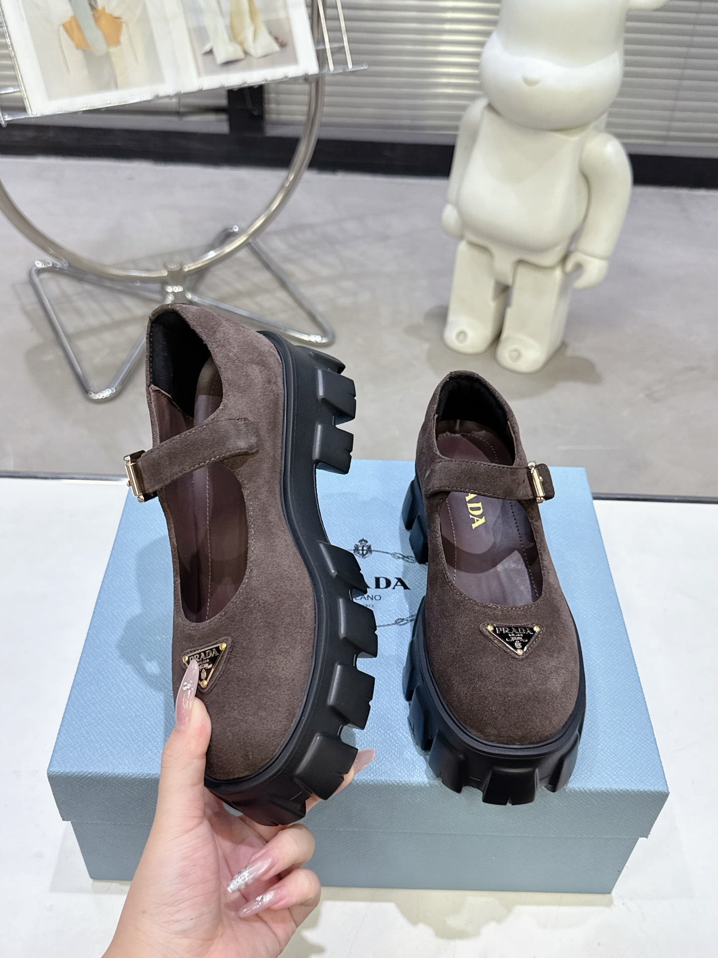 PRADA 25S PLATFORM MARY JANE SHOES IN RK BROWN SUEDE