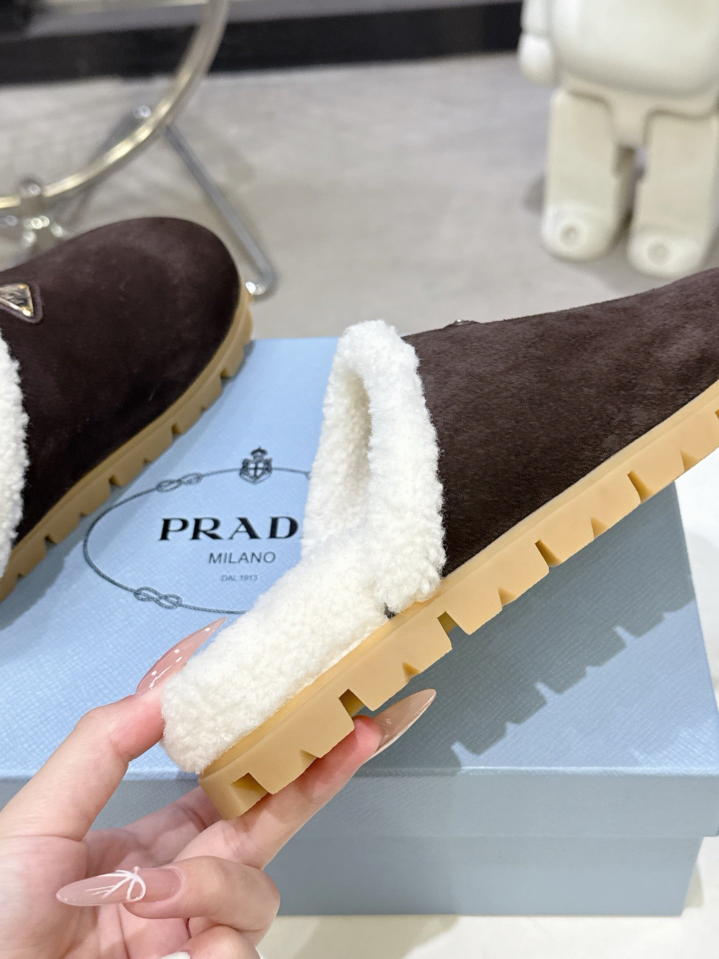 PRADA 25S FUR-LINED MULES IN RK BROWN SUEDE