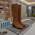 PRADA KNEE BOOTS WITH TRIANGLE LOGO IN CAMEL SUEDE
