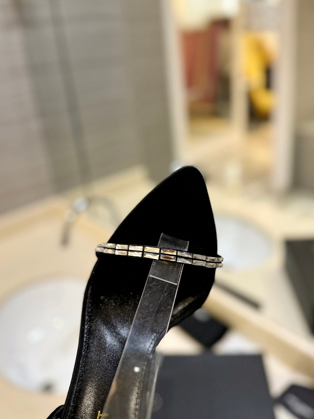 SL RHINESTONE HEELED SANDALS BLACK SATIN