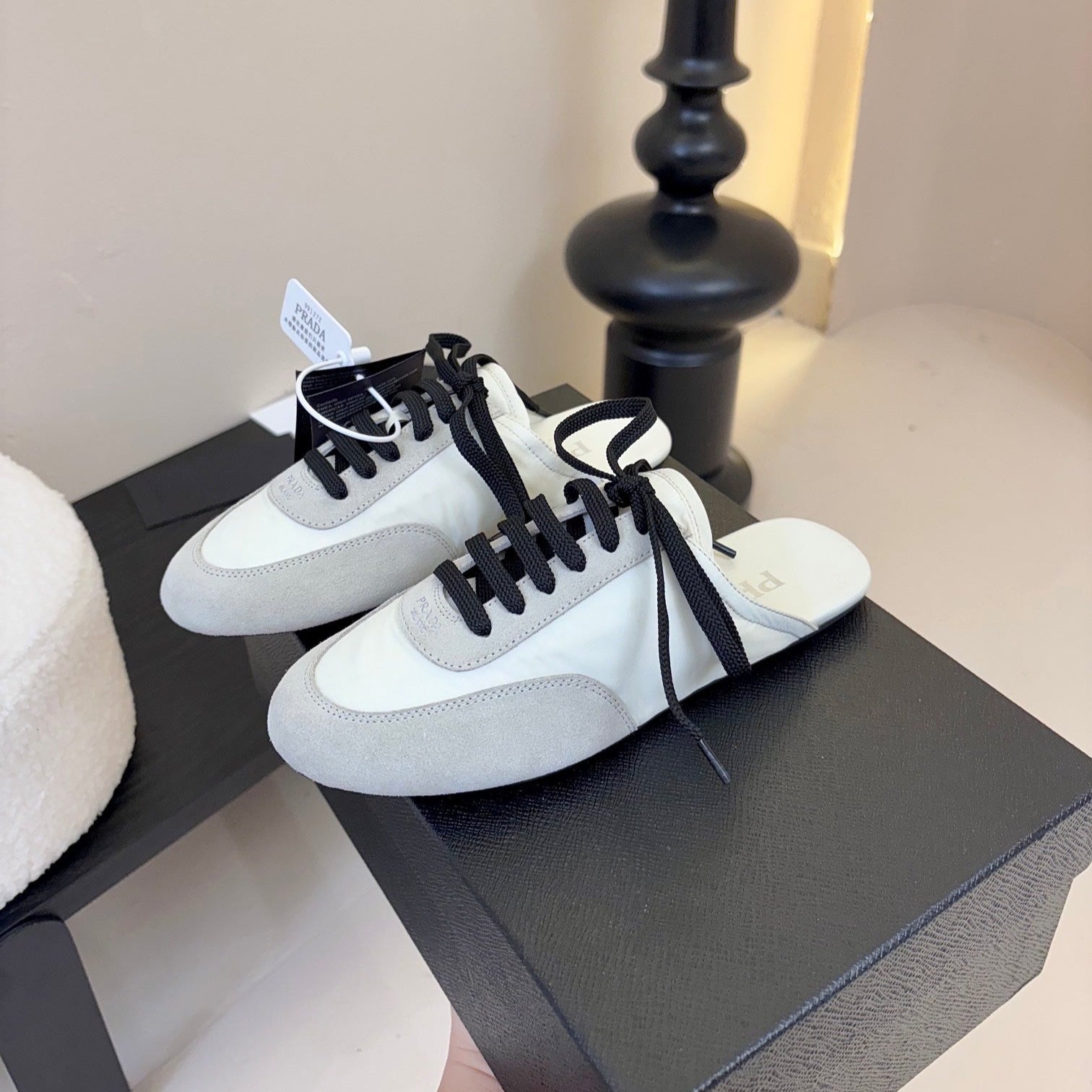 PRADA SNEAKER MULES IN BEIGE SUEDE AND WHITE NYLON