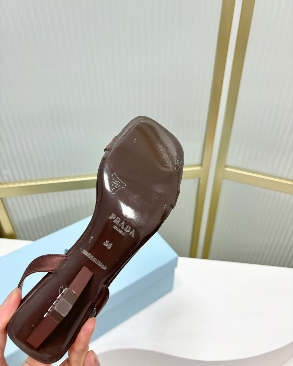 PRADA TRIANGLE HEEL SATIN SANLS BROWN