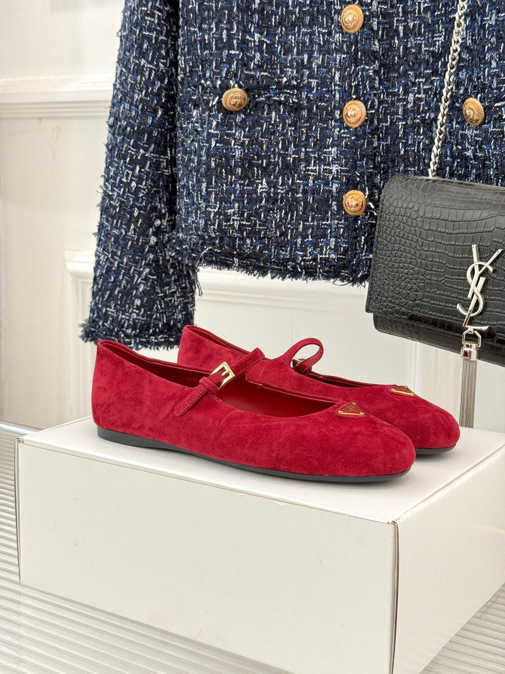 PRADA 25S SOFT PADDED BALLERINAS IN RK RED SUEDE