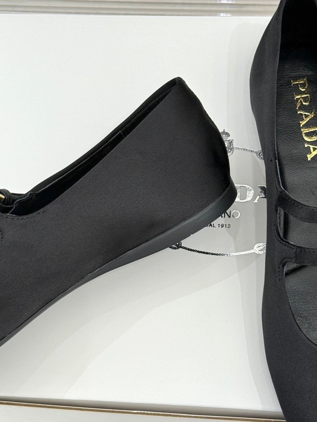 PRADA 25S DOUBLE STRAP BALLERINAS IN BLACK SATIN