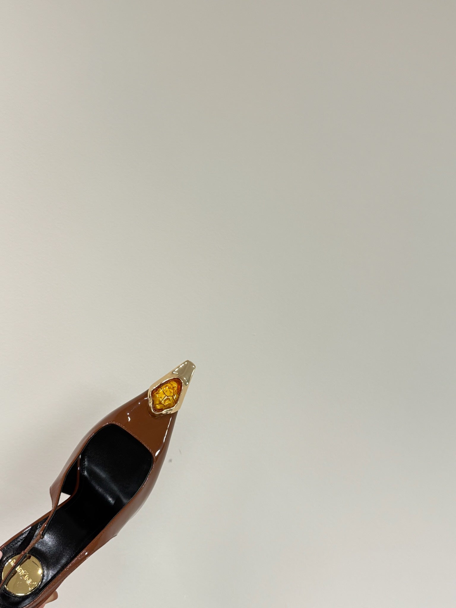 ORANGE GEM-STUDDED SLINGBACK PUMPS IN BRONZE BROWN PATENT CALFSKIN