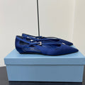 PRADA CUT-OUT BALLERINA FLAT IN NAVY BLUE SATIN ATTACHED BEAD BUCKLE