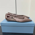 PRADA CUT-OUT BALLERINA FLAT IN HAZELNUT BEIGE SATIN ATTACHED BEAD BUCKLE