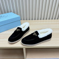 PRADA LOAFER IN BLACK SUEDE AND FUR LINING ATTACHED TRIANGLE LOGO