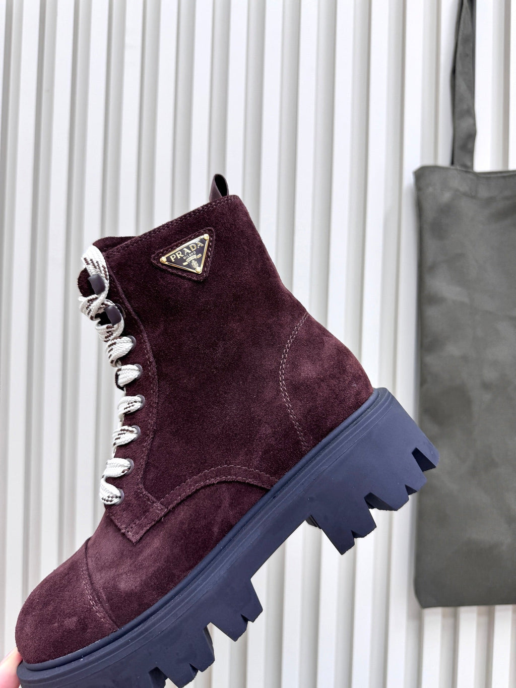 PRADA 25S MONOLITH BOOTS IN RK PLUM BROWN SUEDE