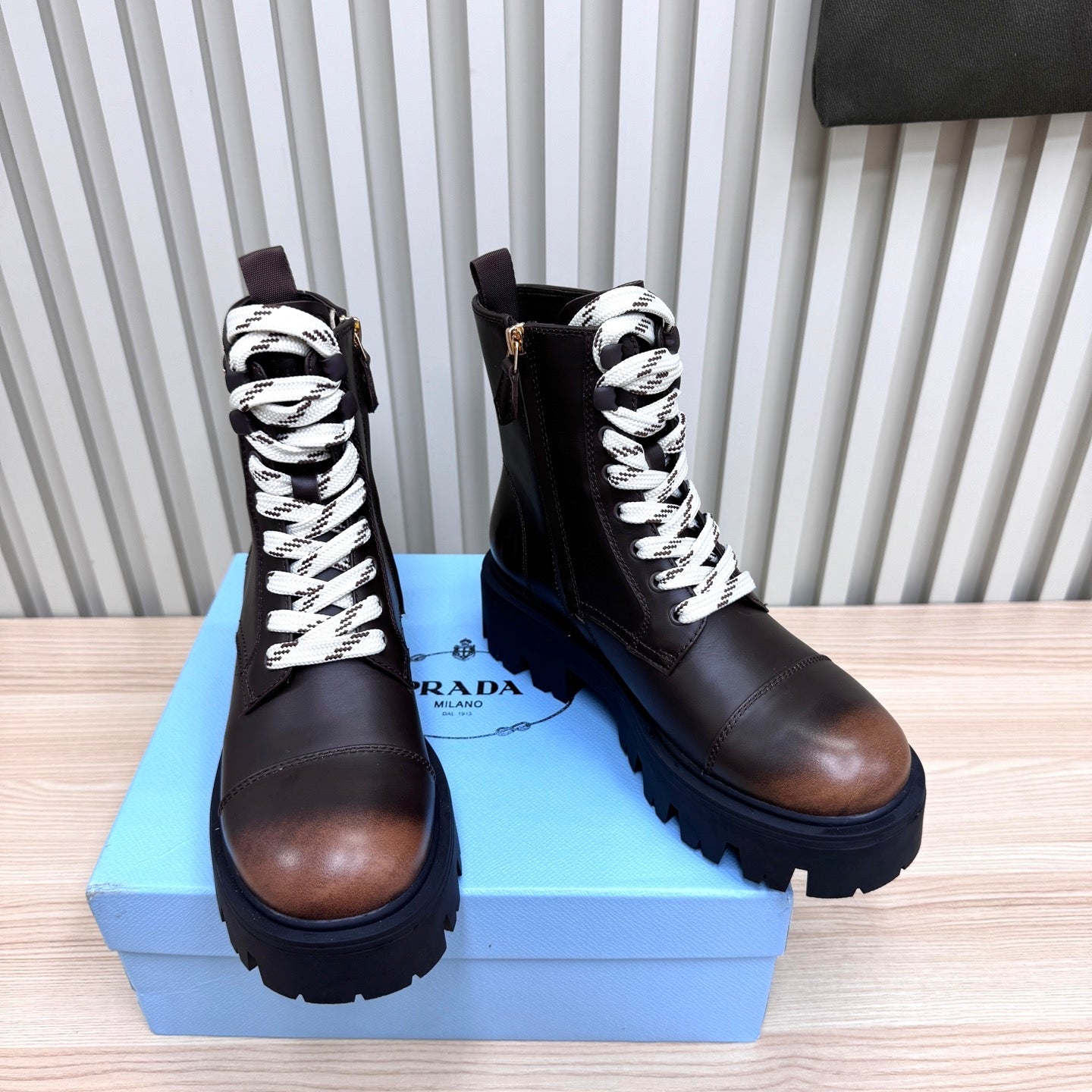 PRADA 25S MONOLITH BOOTS IN RK BROWN CALFSKIN