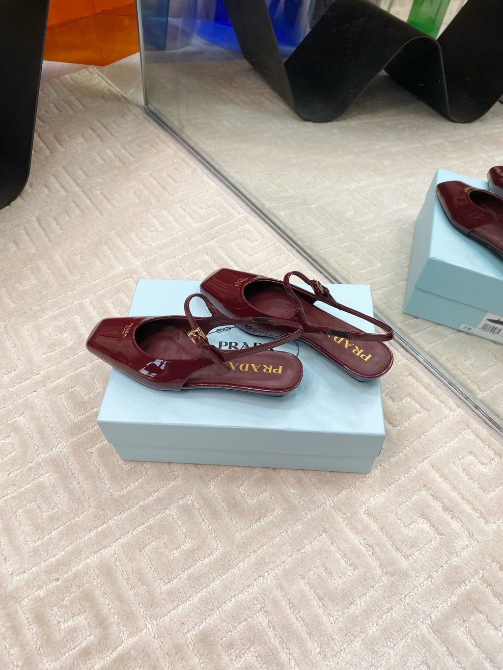 PRADA MARY JANE SLINGBACK SQUARE TOE IN BURGUNDY RED PATENT SHEEPSKIN