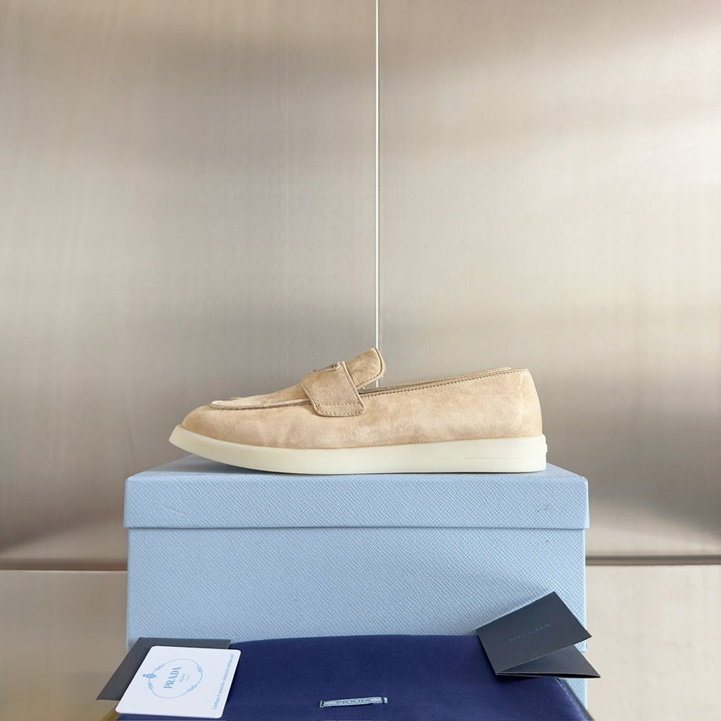 PRADA Pra Beige Suede Leather Loafers 25mm Rubber Sole