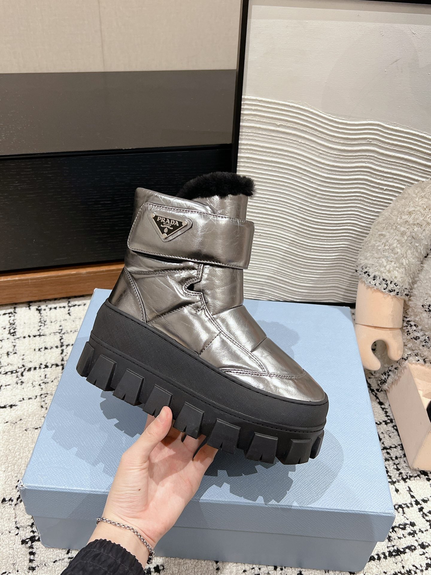 PRADA MONOLITH ANKLE BOOTS WITH STRAP IN METALLIC GRAY CALFSKIN AND FLEECE LINING