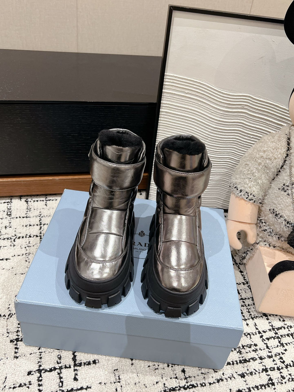 PRADA MONOLITH ANKLE BOOTS WITH STRAP IN METALLIC GRAY CALFSKIN AND FLEECE LINING