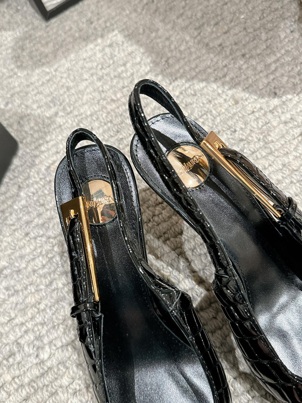 LEE SLINGBACK MID PUMPS IN BLACK CROCODILE SHINY CALFSKIN