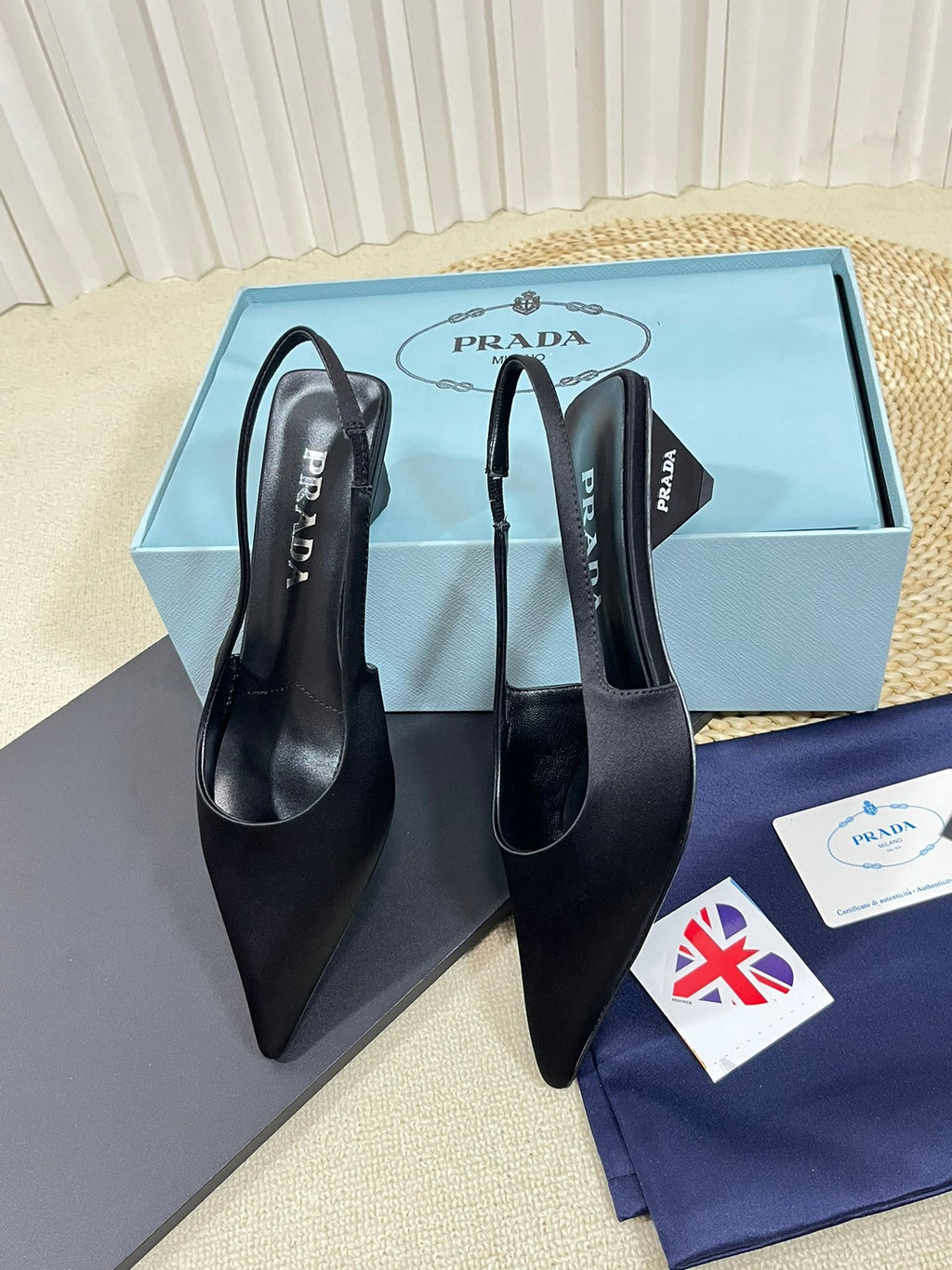 PRADA POINTED TOE SLINGBACK PUMPS BLACK SATIN