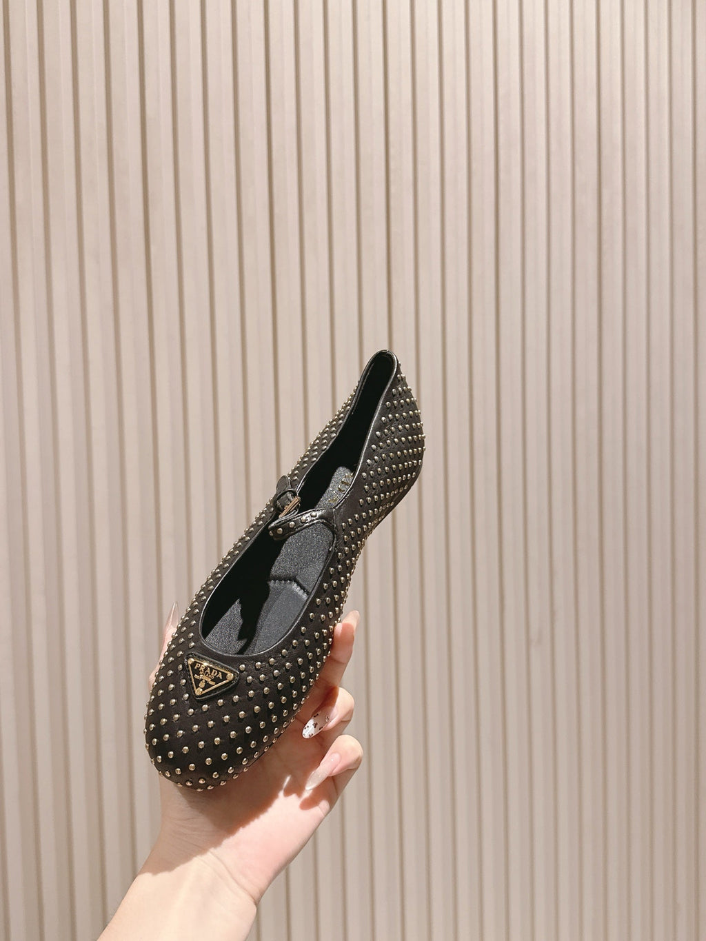 PRADA 25S STUD EMBELLISHED BALLERINA IN BLACK CALFSKIN