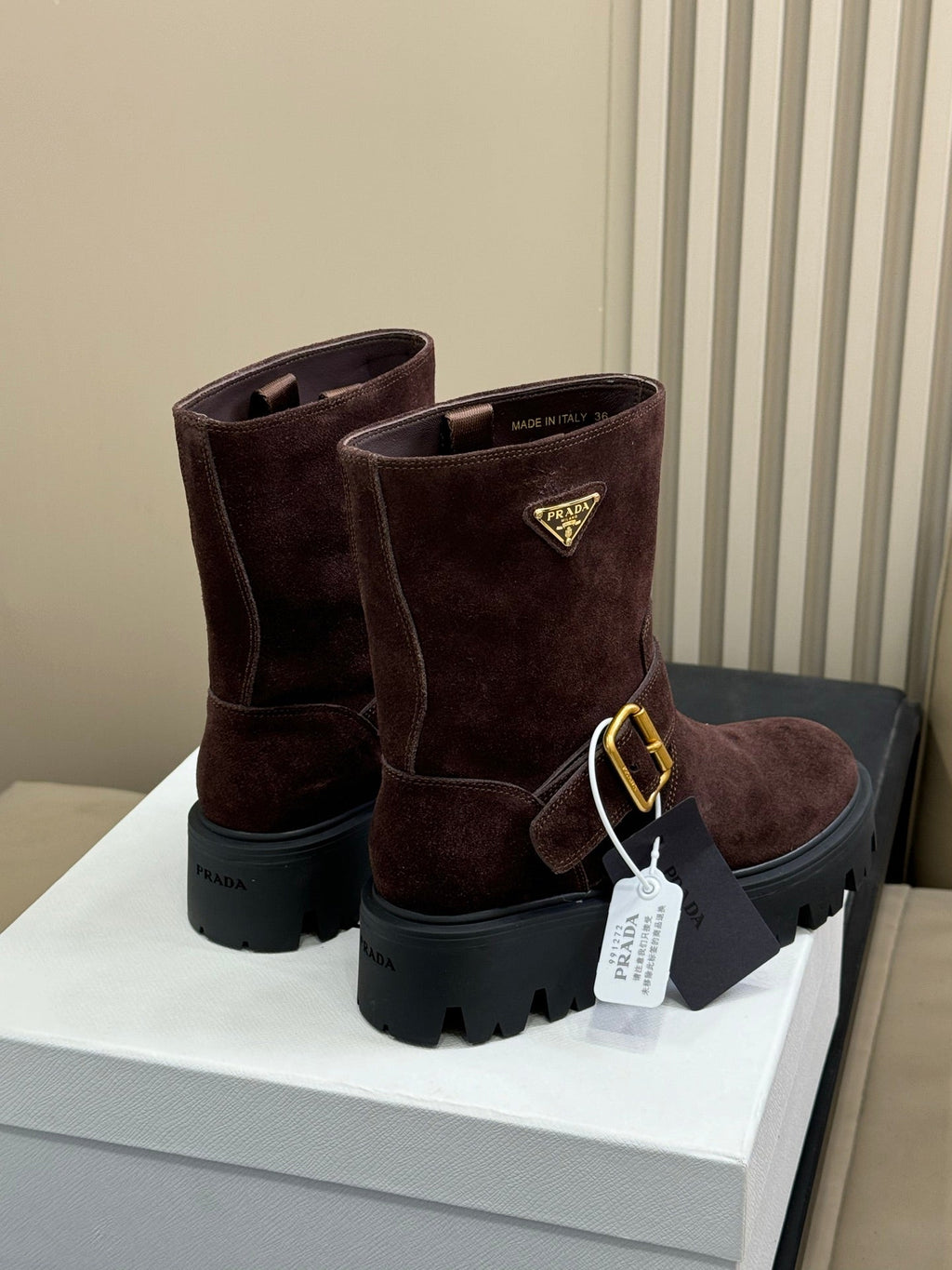 PRADA 25S PLATFORM ANKLE BOOTS IN RK BROWN SUEDE WITH GOLD HARDWARE