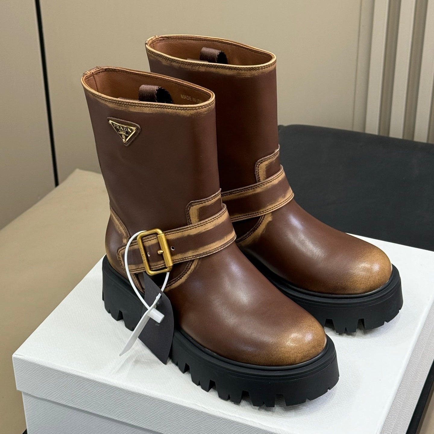PRADA 25S PLATFORM ANKLE BOOTS IN RK BROWN CALFSKIN WITH GOLD HARDWARE
