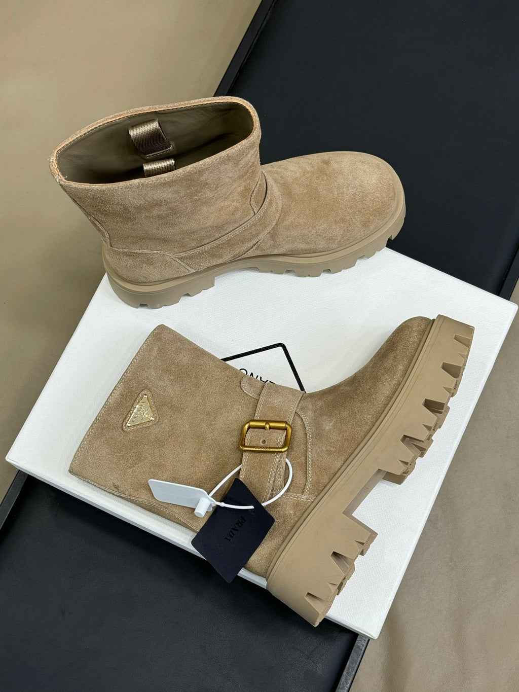 PRADA 25S PLATFORM ANKLE BOOTS IN RK BEIGE SUEDE WITH GOLD HARDWARE