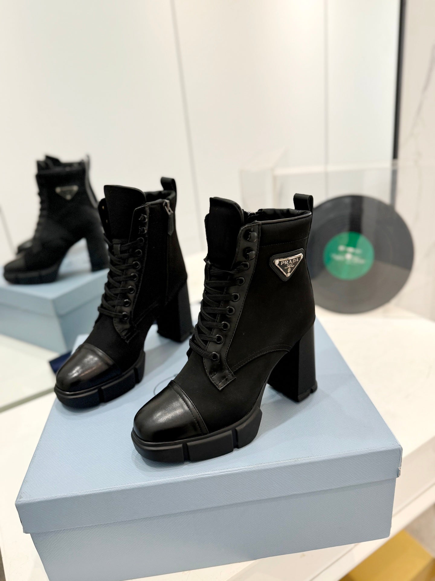PRADA RE-NYLON AND LEATHER BOOTIES BLACK